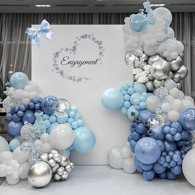 Dusty Blue White Silver Balloon Garland Arch Kit, 167Pcs Latex Balloons Different Sizes 15 12 10 5 inch for Baby Shower Gender Reveal Birthday Engagement Party Decorations