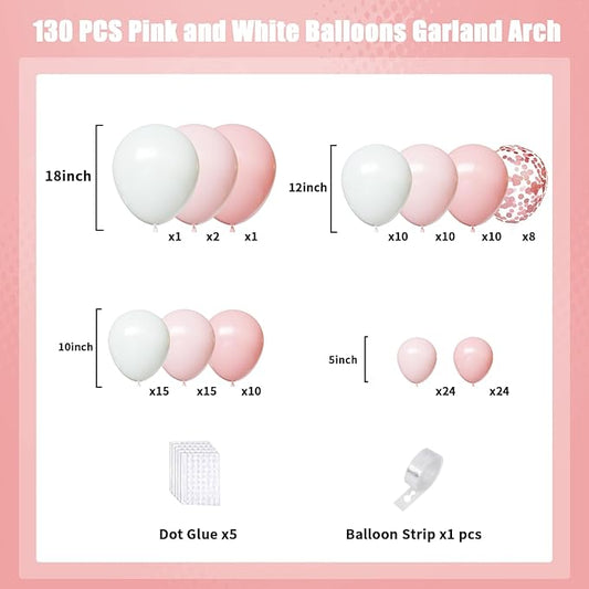 Pink and White Balloons Arch Kit,130pcs Light Pink Balloons Different Sizes White Latex Balloons for Wedding,Baby Shower,Gender Reveal,Birthday,Valentine's Day Decorations