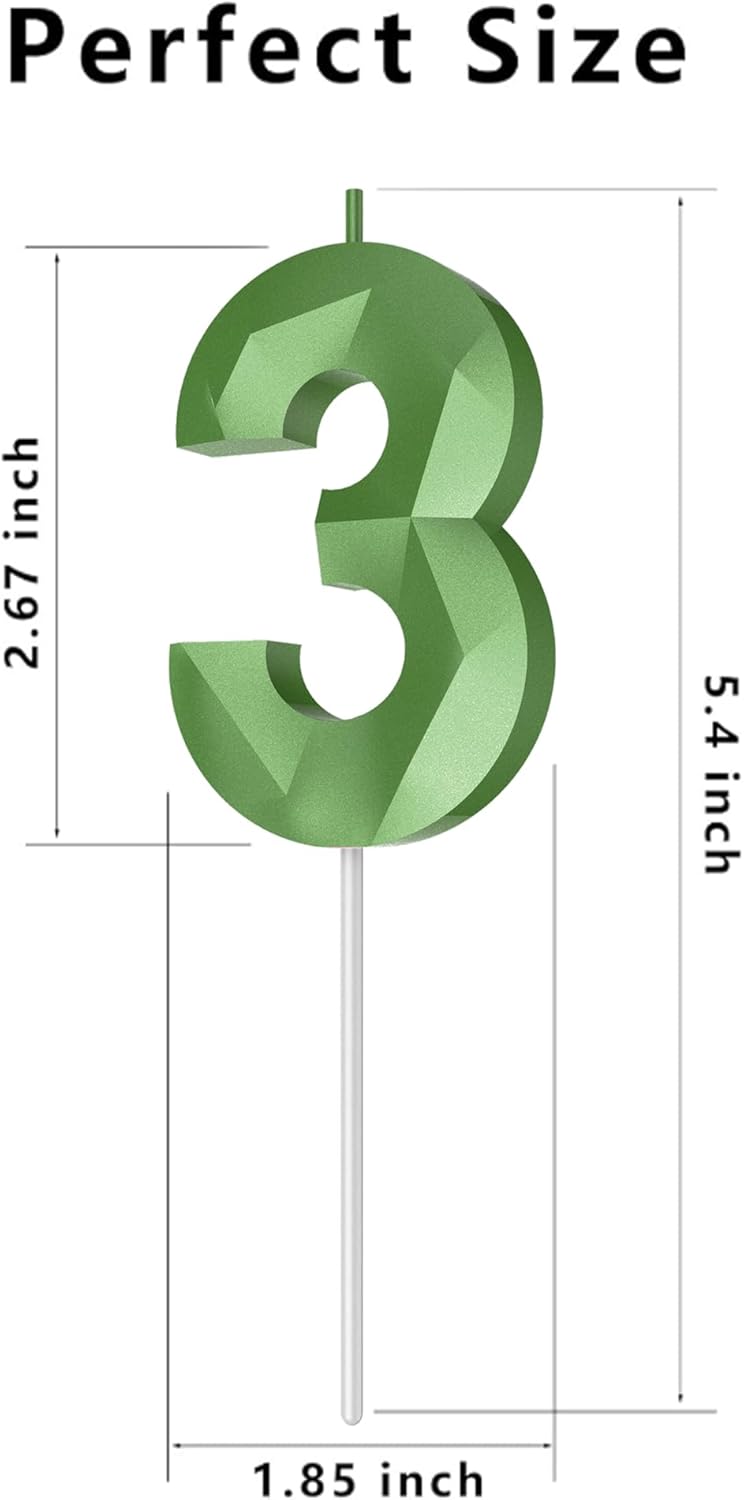 Number Birthday Candles(3 Candle Green) 3D Diamond Shape Number Happy Birthday Cake Candles for Birthday Party Wedding Decoration Reunions Theme Party