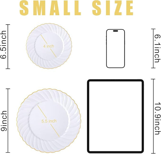 U-QE 100 Pieces Gold Plastic Plates - Premium White Plastic Plates for Party, Wedding and Daily Use Including 50PCS 9 '' Plastic Dinner Plates & 50PCS 6.5 '' Plastic Dessert Plates
