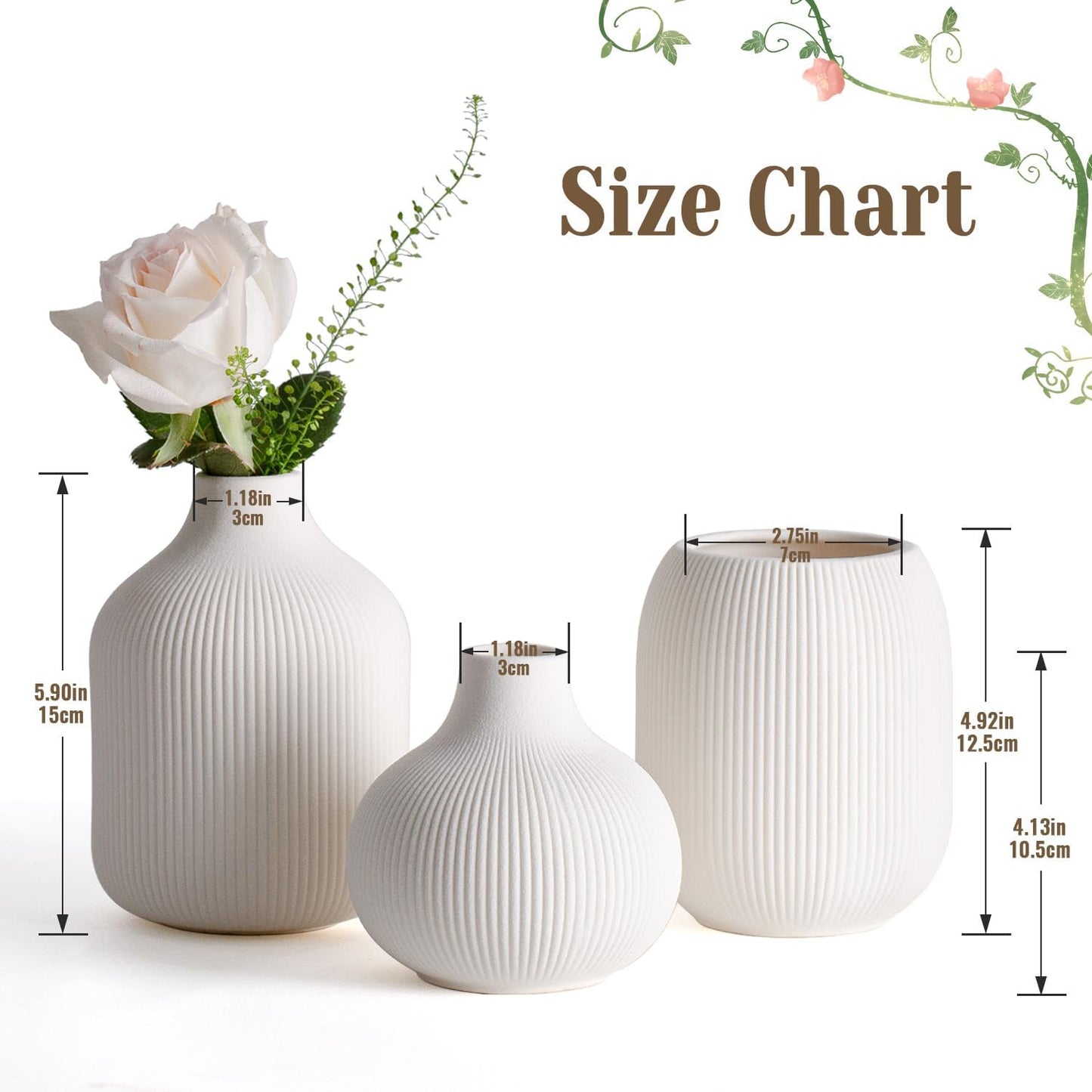 Modern White Ceramic Vase Set of 3, Ribbed Texture Boho Minimalist Home Decor, Small Decorative Vases for Centerpiece, Shelf, Tabletop - Aesthetic Touch for Neutral & Transitional Spaces