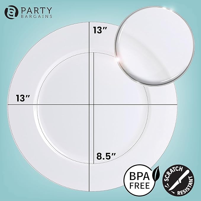 PARTY BARGAINS 13-Inch Charger Plates - 4 Pack, White, Heavy-Duty Disposable Chargers for Elegant Dining - Ideal for Weddings and Formal Events