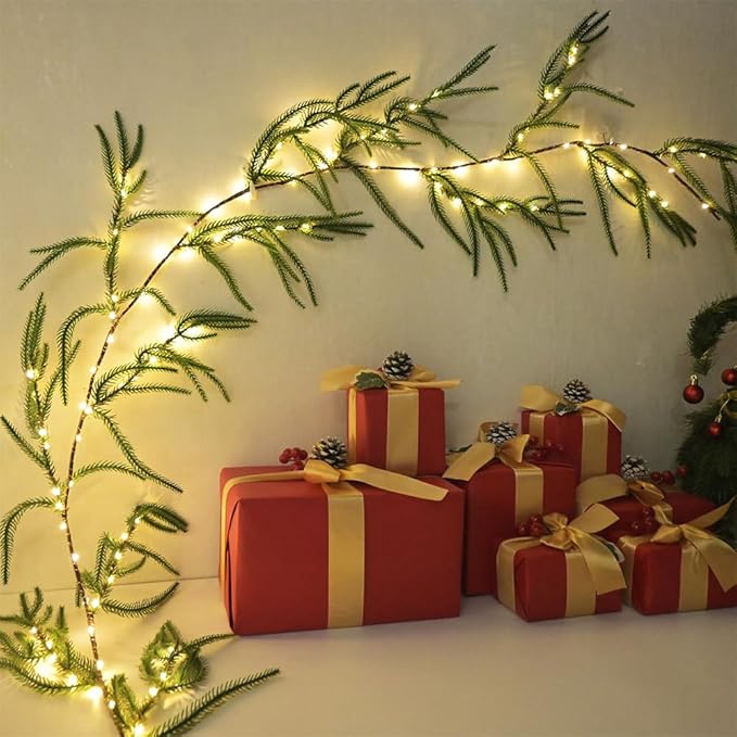 2025 New Christmas Norfolk Garland Lights 6.56FT Pine Garlands 96 LED 8 Flash Modes Battery Operated Xmas Garland Lights with Timer Lighted Christmas Decorations for Mantle Fireplace Door Home Holiday