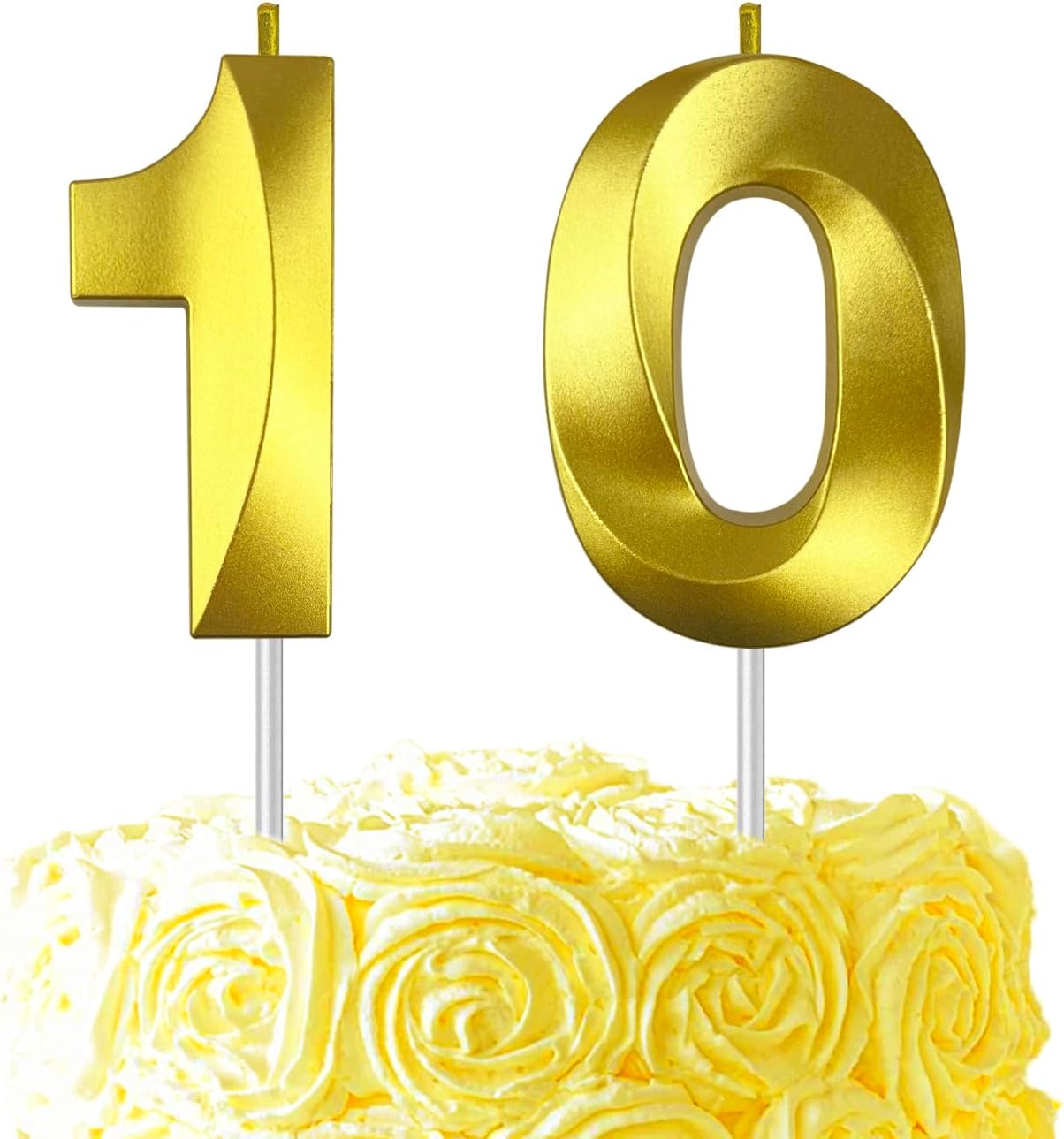 Gold Number 10 Candles, 3D Diamond 2.76 Inch Cake Topper Birthday Candles for Wedding Anniversary Cake Decorations, Happy Birthday Party Decorations