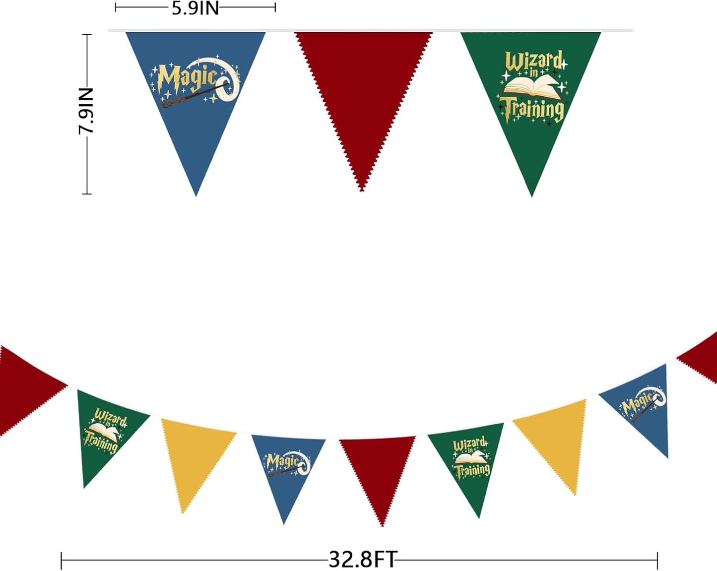 32Ft Wizard Party Decorations Red Green Blue Yellow Magical Triangle Flag Fabric Banner Pennant Garland Streamer for Wizard Birthday Magic Trianing Baby Shower Magical School Party Decor Supplies
