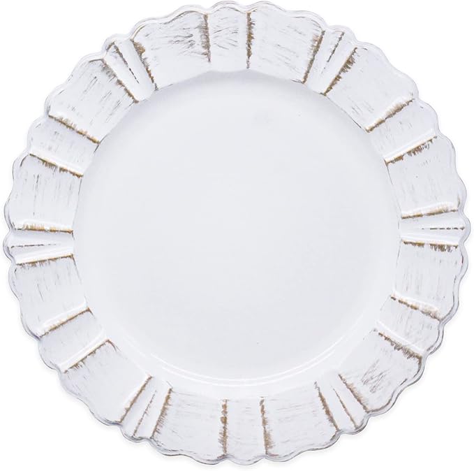 13" Antique White Round Scalloped Charger Plates, Wedding Reception Plate Chargers Dinner Party Decoration Charger Plates, 6Pcs