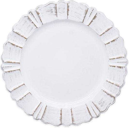 13" Antique White Round Scalloped Charger Plates, Wedding Reception Plate Chargers Dinner Party Decoration Charger Plates, 6Pcs