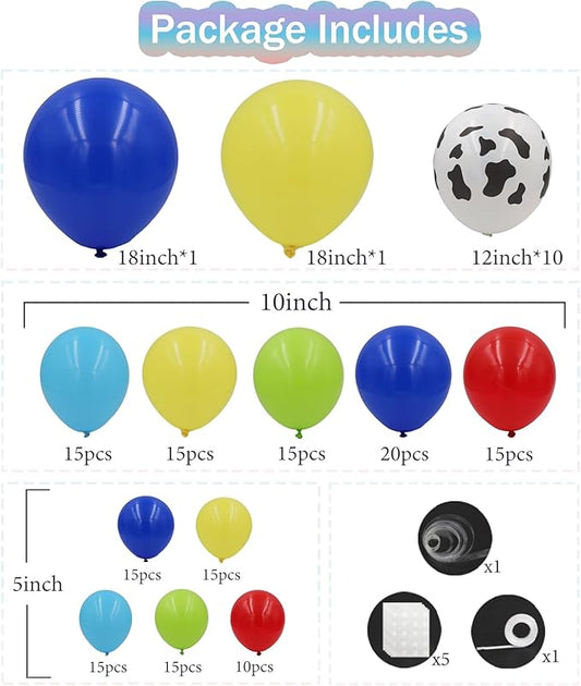 Red Blue Yellow Balloons Arch Kit, 162pcs Multi Color Cartoon Balloons with Cow Print for Carnival Circus Theme Party Fiesta Superhero Birthday Party Decorations