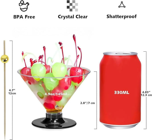 50 Clear Disposable Plastic Martini Glasses for Parties 5oz, with 100 Cocktail Picks Bundle, Martini Cups for Wine Ice Cream Fruit
