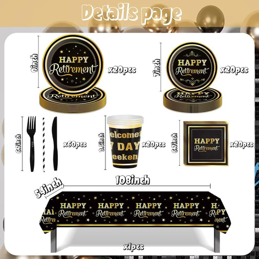 141pcs Retirement Party Decorations,Black Gold Party Disposable Tableware Includes Dinner Plate Dessert Plate Paper Napkin Cup Knife Fork Straws Tablecloth Black Gold Retirement Supplies set