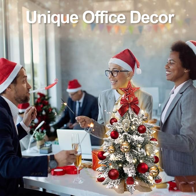 Small Christmas Tree with Light for Table Top, Mini Tabletop Christmas Tree with Decoration, 2FT Pre-lit Artificial Flocked Christmas Tree for Home, Office, Desk, Red