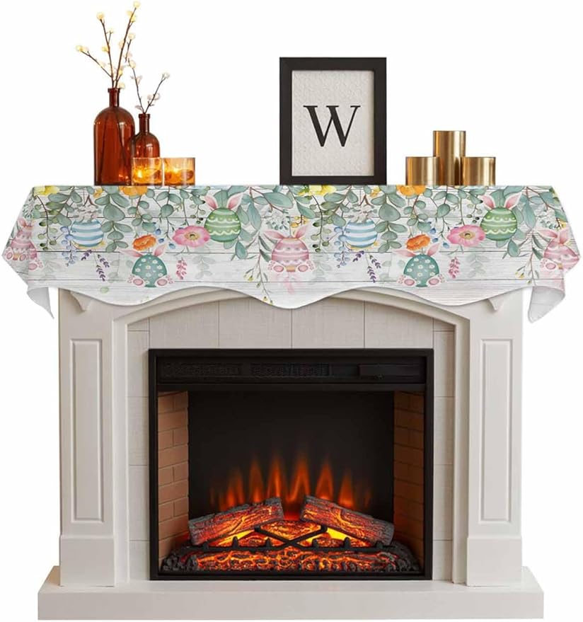 Easter Fireplace Mantel Scarf Table Runner, Spring Eggs Eucalyptus Leaves Wooden Grain Winter Garland Mantel Top Tablerunners Dresser Scarves Cover Decorations for Windows Party Living Room 70''x17''