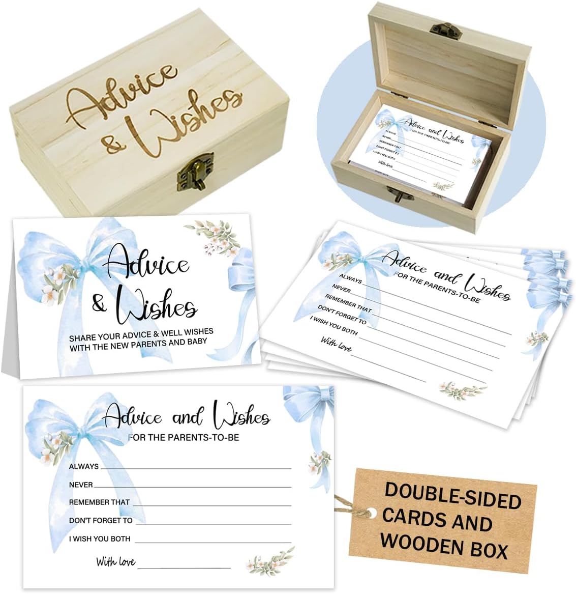50Pcs Blue Bow Baby Shower Advice Cards for Baby Shower Games, Bow Advice and Wish Cards Box for New Parents Baby Shower Decorations (Blue)