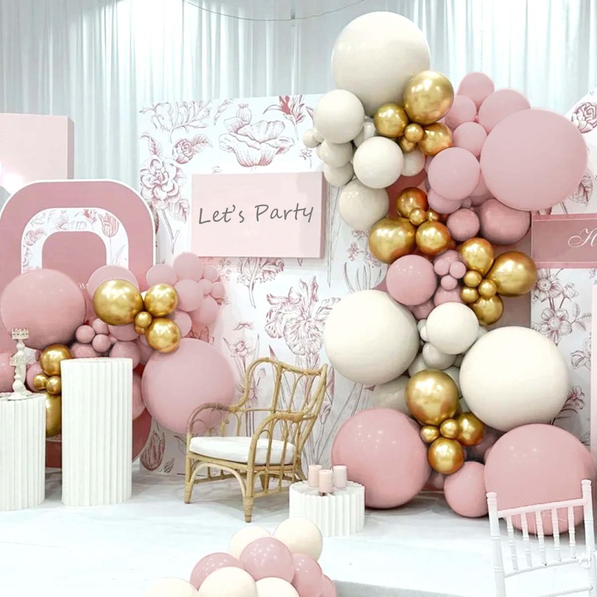 Pink White Gold Balloon Garland Arch Kit, 160Pcs Pastel Pink Matte White Metallic Gold Balloons for Girls Birthday Baby Shower Wedding Bridal Shower Party Decorations