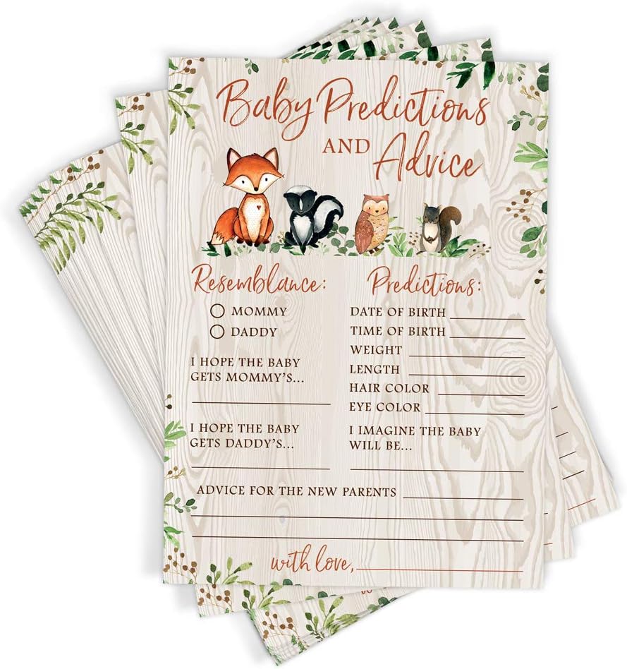 Baby Predictions & Advice for New Parents – Woodland Baby Shower Activity by Printed Party, Set of 50 Cards, Gender Neutral Forest Animals Theme