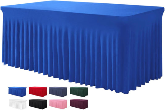 Table Skirt for 4 Foot Tables - One-Piece Royal Blue Tablecloths and Skirt, Wrinkle Resistant Ruffles Elastic Cover for Banquets, Weddings, Events, Parties