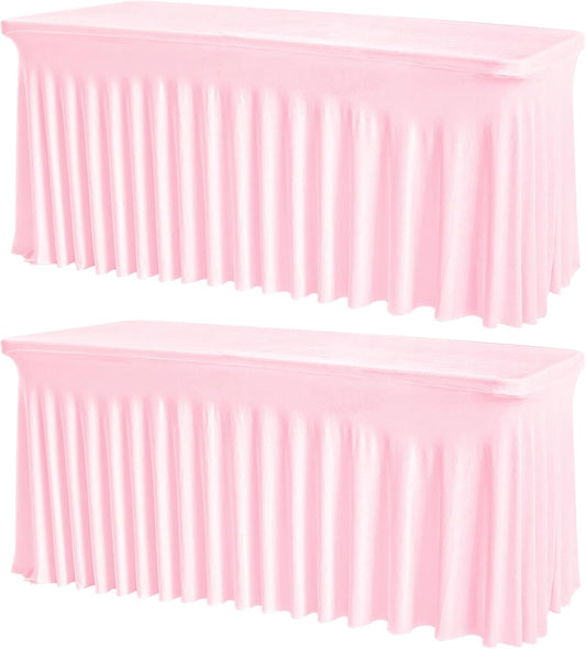 Rectangle Tablecloth 6FT Fitted Table Cover, Pink Wrinkle-Free Spandex Table Cloth, Elastic Edge, Stretch Fabric, 72 Inch for Wedding, Banquet, Birthday Party, Buffet, Restaurant, 2 Pack