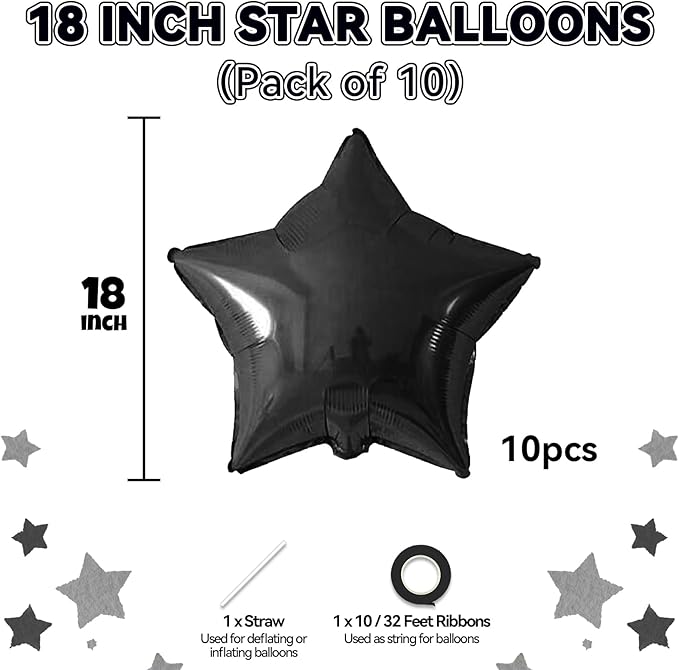 Biapian Black Star Foil Balloons, 10PCS Black Foil Stars Shape Balloons, 18 Inch Stars Balloon for Helium Pentagram Balloon for Birthday, Anniversary, Graduation, Halloween Party Decoration