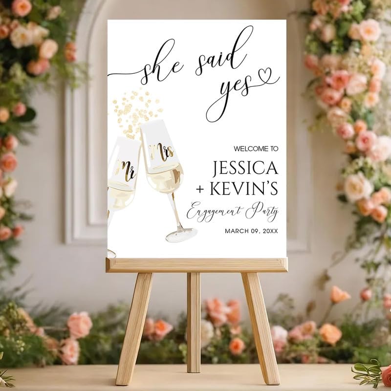 "She Said Yes!" Champagne Toast Welcome Sign - Gold Confetti & Glasses Engagement Party Décor