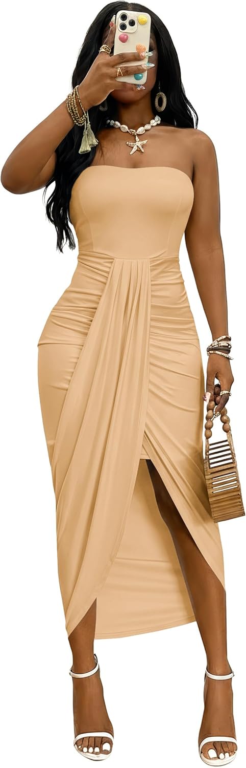 Umenlele Women's Strapless Ruched High Waist Wrap Split Asymmetrical Beach Maxi Long Dress