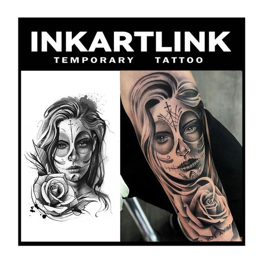 INKARTLINK 2 Sheets Extra large Semi Permanent Tattoos, Temporary Tattoos, Adult Art Designs, Waterproof, Realistic, No Adhesive, Non-Reflective, Lasts 1-2 Weeks ((Mexican Day of the Dead 4)