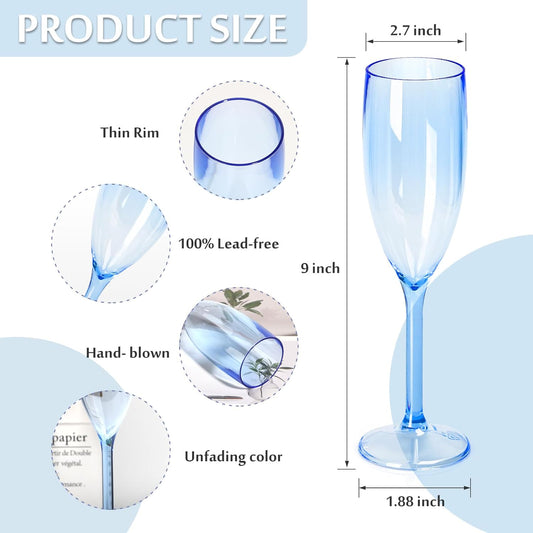 XUWAIDSGN 10 Pcs Champagne Flutes Plastic Wine Glasses Bulk Vintage Champagne Flutes Mimosa Bar Glasses Stemmed Drinking Cups 5.4OZ for Christmas Birthday Wedding Bride (10, Clear blue)