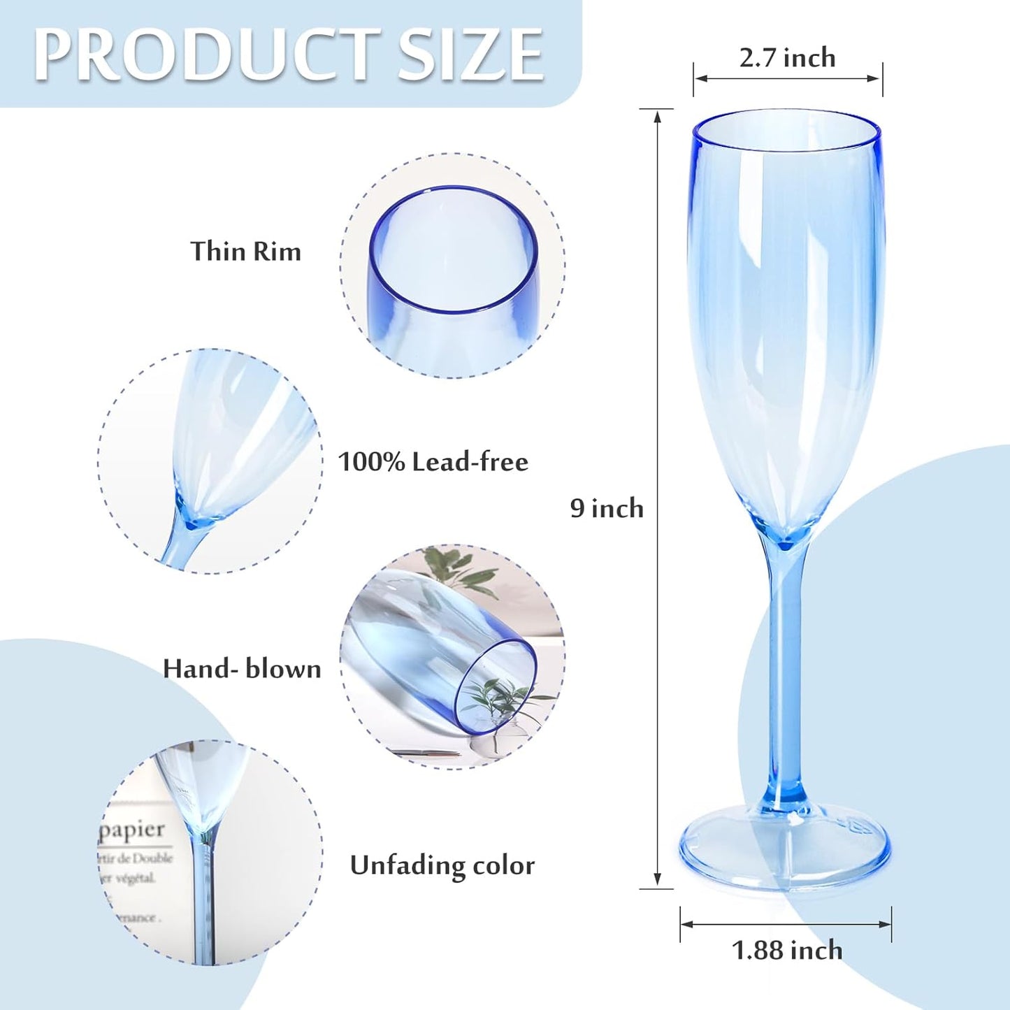 XUWAIDSGN 24 Pcs Champagne Flutes Plastic Wine Glasses Bulk Vintage Champagne Flutes Mimosa Bar Glasses Stemmed Drinking Cups 5.4OZ for Christmas Birthday Wedding Bride (24, Clear blue)