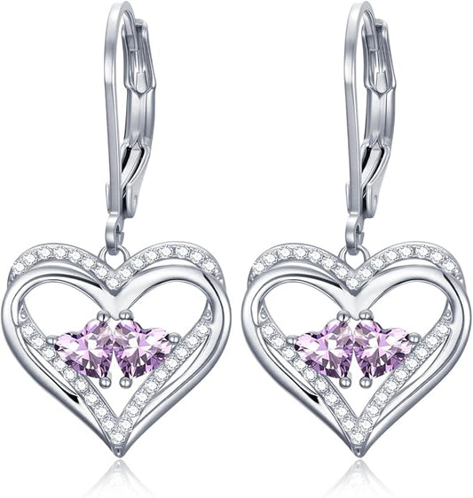 Valentines Day Gifts for Women, Heart Leverback Earrings Double Birthstone Dangle Earrings for Women, Love Jewelry for Her, Anniversary Birthday Gift for Mom Wife Girlfriend