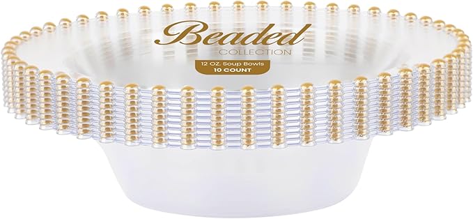 PLASTICPRO 32 Piece Plastic Dinner Plates Bowls Disposable Plastic Fancy Heavy Duty Party Dishes 12 oz Clear and Gold Bead Bowls