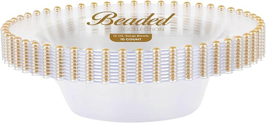 PLASTICPRO 32 Piece Plastic Dinner Plates Bowls Disposable Plastic Fancy Heavy Duty Party Dishes 12 oz Clear and Gold Bead Bowls