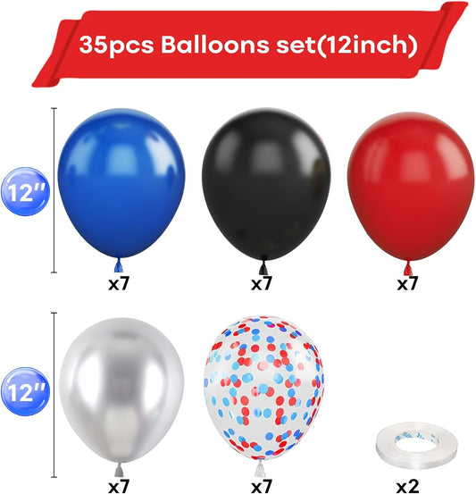 Red Blue Black Balloon, 12 Inch Spider Party Decorations, Matte Red Black and Royal Blue Latex Balloon with Confetti Balloons for Kids Boys Spider Hero Theme Birthday Baby Shower Halloween Party