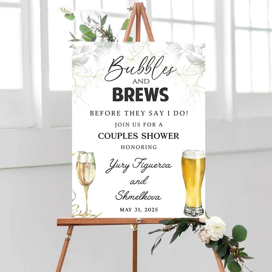 Personalized Greenery Eucalyptus Bubbles and Brews Couples Shower Welcome Sign, Gold Modern Minimalist Wedding Shower Bridal Party Decoration, Outdoor Plastic Sign Weatherproof #19