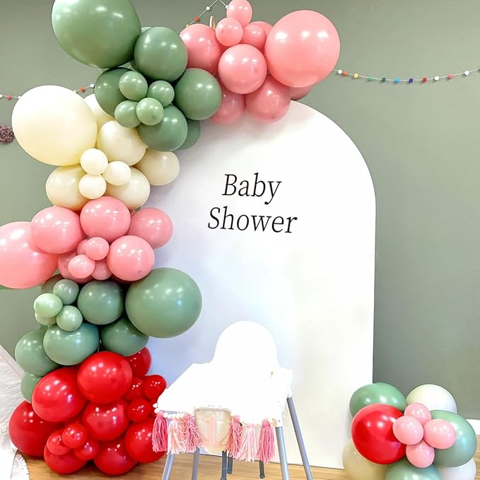 Sage Green Pink Red Balloon Arch Garland Kit, 167PCS Sage Green Blush Cherry Red Ivory Latex Balloons for Christmas Birthday Graduation Baby Shower Wedding Party Decoration