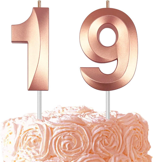 Rose Gold Number 19 Candles, 3D Diamond 2.76 Inch Cake Topper Birthday Candles for Wedding Anniversary Cake Decorations, Happy Birthday Party Decorations