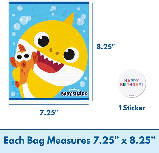 Unique Baby Shark Goodie Bags Pack - Baby Shark Birthday Decorations - Bundle with 16 Plastic Party Favor Bags, Sticker - 16 Guests - Birthday Party Supplies