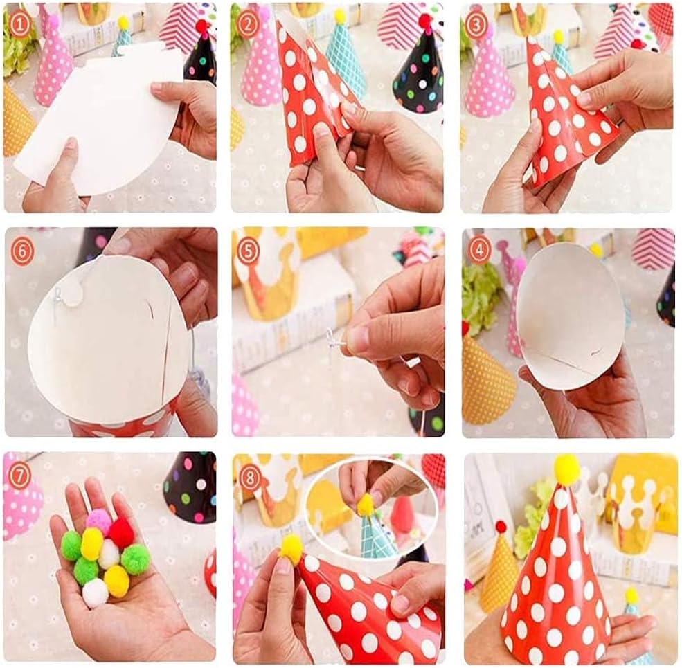 ELakiss 11PCS Birthday Party Cone Hats - Pom Poms,Lovely Cake Cone Birthday Paper Hats,Lovely Crown,For Kids and Adults Decorations (9 hats and 2 crowns)