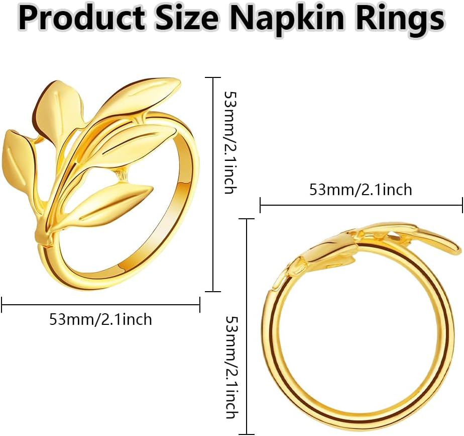 Napkin Rings Set of 12 - Gold Semicircle Metal Leaf Fall Thanksgiving Christmas Napkin Rings, Napkin Holder for Thanksgiving Dinner Table Decor Wedding Kitchen Banquet Holiday Everyday Party
