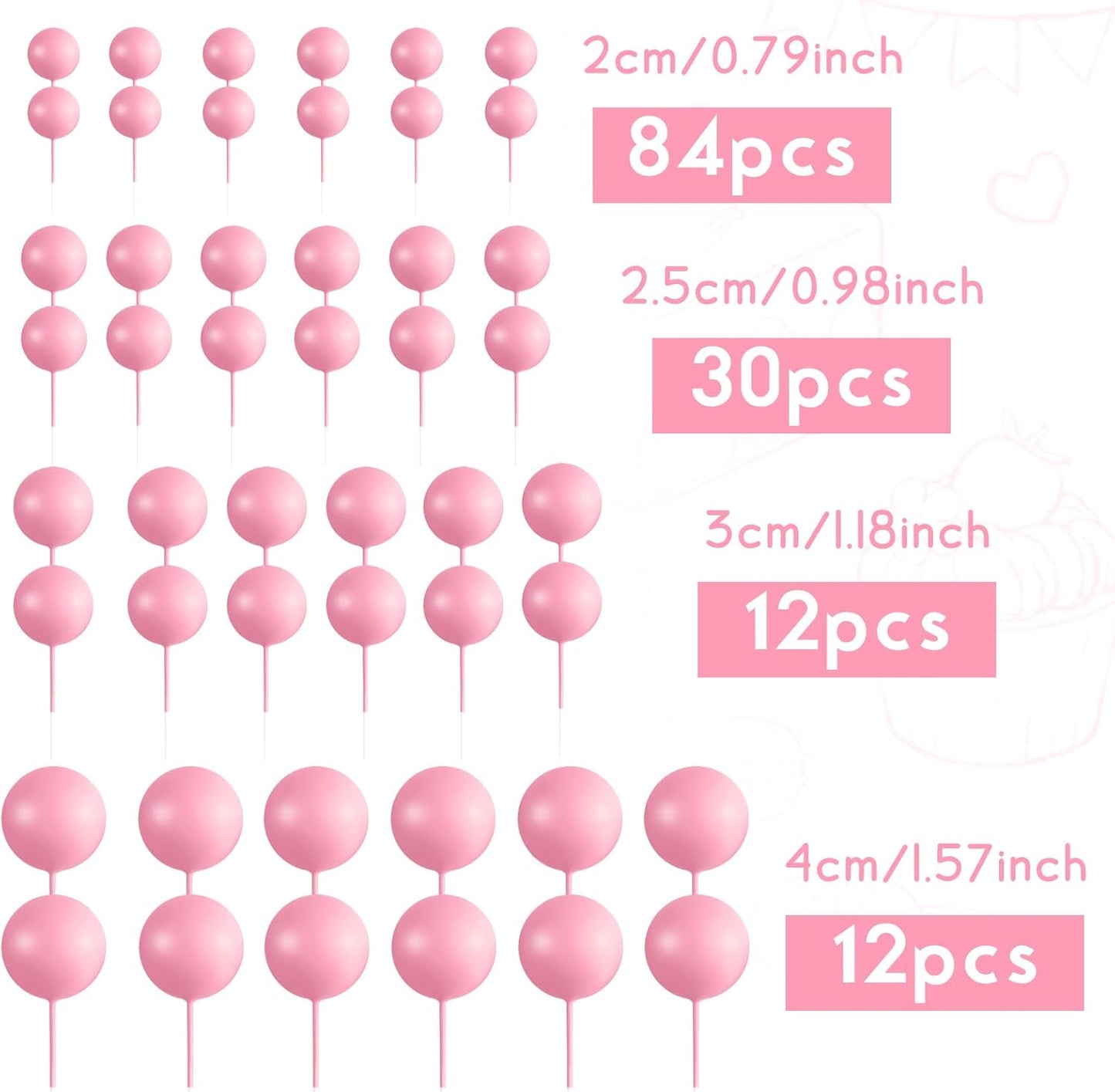 138 Pcs Pink Balls Cake Topper Decorations Balloon Cupcake Toppers Foam Multisize Cake Topper Balls for Birthday Party Wedding Anniversary