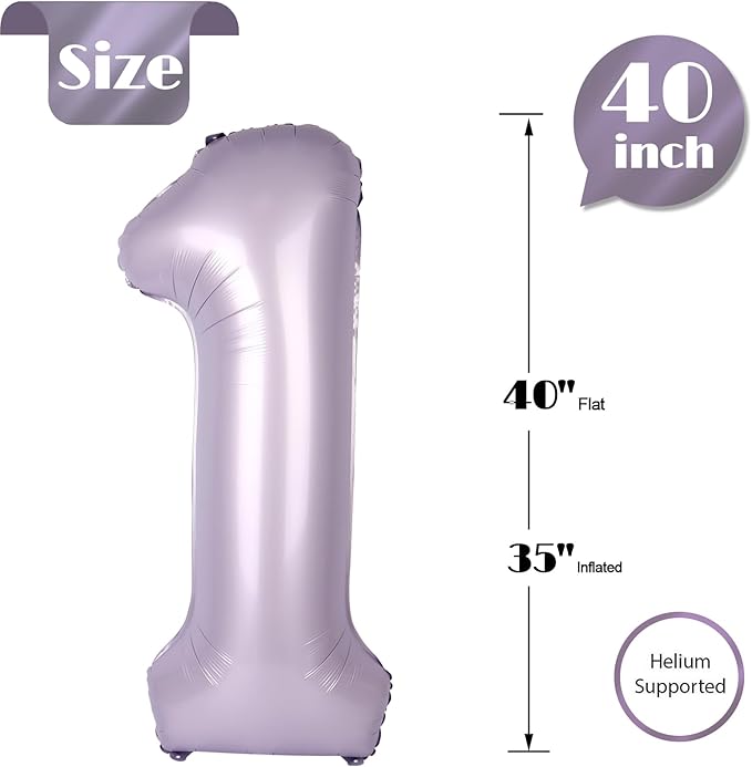 40 Inch Lilac 1 Balloon for First Birthday, 1st Number Balloons Birthday Decorations for Girl Kids Toddler Baby, Lavender One Giant Number 1 Balloon