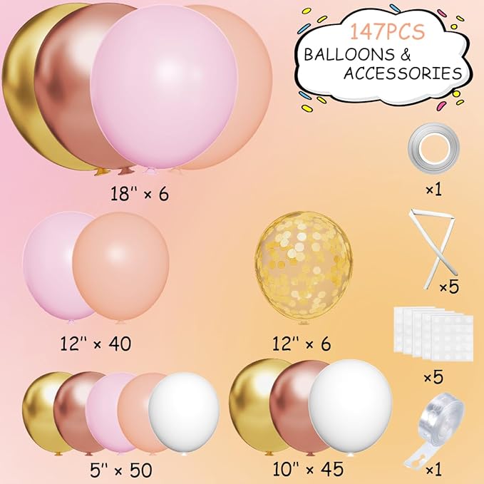 MEBAY Rose Gold Balloon Arch Kit, 147Pcs Metallic Gold White Pastel Nude Pink and Rose Gold Balloons Garland with Confetti for Wedding Bridal Baby Shower Princess Girl Birthday Party Decorations