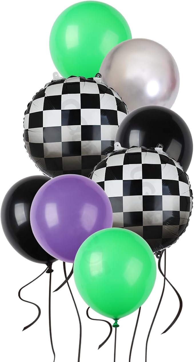 Monster Truck Balloon Bundle 20 Pcs Checkered Balloons Latex Balloon Green Purple Black Boy 1st 2nd Race Ca Vintage Fast One Two Fast Theme Monster Birthday Party Decor Supplies Kit