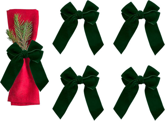 Velvet Bow Napkin Rings, Set of 4 Christmas Bowknot Napkin Holder Ring Dining Table Decor for Xmas Dinner Parties Wedding Holiday Home Table Setting(Green Bow)