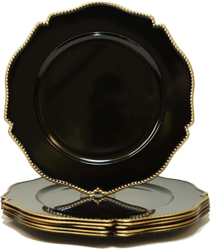 Black scalloped charger plates with Gold beaded rim,13 inch plastic dinner chargers for wedding and party table settings, Glossy Finish (set of 6)