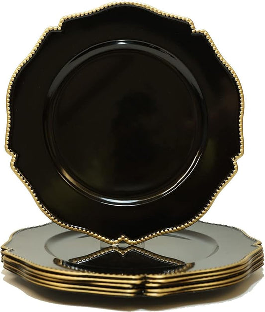 Black scalloped charger plates with Gold beaded rim,13 inch plastic dinner chargers for wedding and party table settings, Glossy Finish (set of 6)