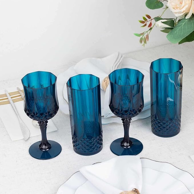 Efavormart 6-Pack Plastic Highball Glasses, 14oz Shatterproof Crystal Cut Drink Glasses for Kitchen Mojito Whiskey Cocktail, Navy Blue