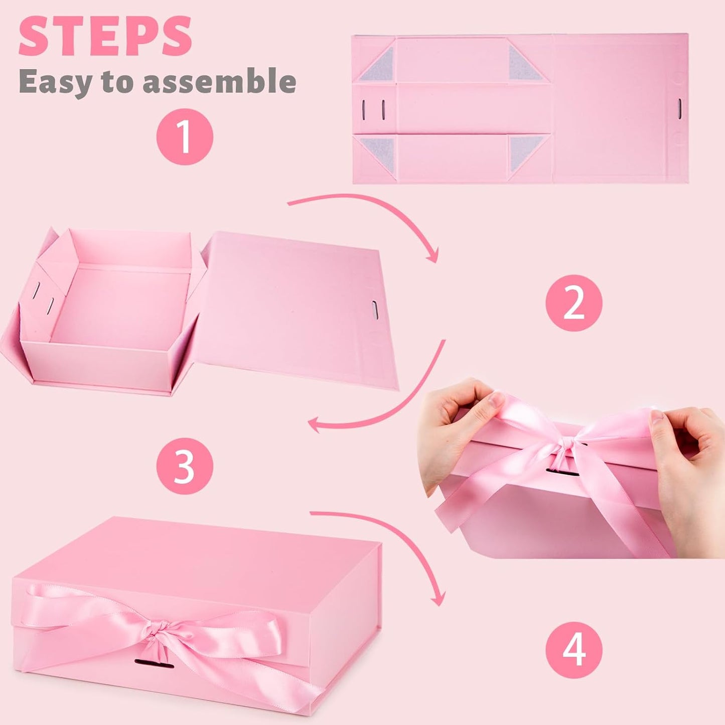 JOHOUSE Pink Gift Box, 10.5" x 7.5" x 3.1" Gift Boxes For Presents With Lids and Magnetic Closure Collapsible For Bridesmaid Proposal, Weddings, Anniversary Present