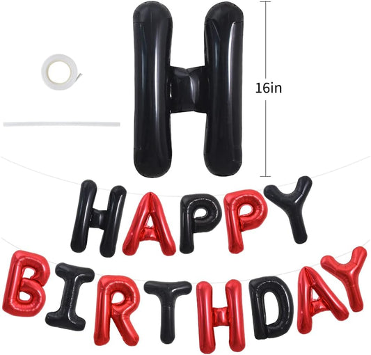TONIFUL Happy Birthday Balloons Banner with Ribbon Straw, 16 Inch Mylar Letters Birthday Sign Banner Balloon Bunting Reusable for Girls Boys Kids & Adults Birthday Halloween Supplies（Black Red）