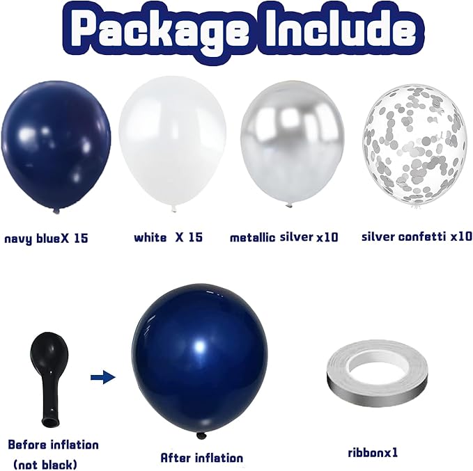 Zesliwy Navy Blue Silver Balloons Kit,50pcs 12inch Royal Dark Blue Metallic Silver White Balloon with Confetti Latex Balloon for Wedding Graduation Birthday Anniversary Party Decorations