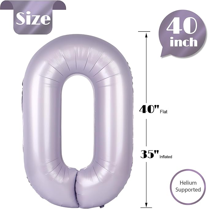 Lilac Number Balloon 40 Inch, 0 Number Balloons, 10 20 30 40 50 Numbers Balloon Birthday Decorations, Lavender Party Supplies for Women