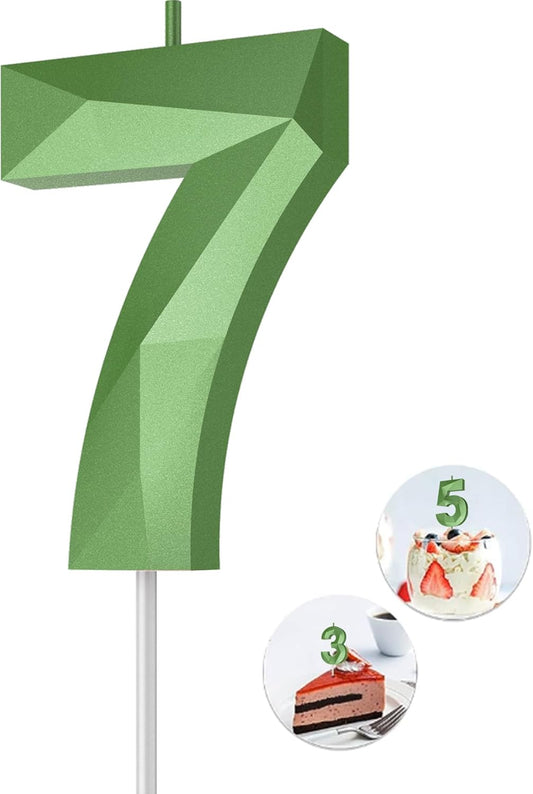 Number Birthday Candles(7 Candle Green) 3D Diamond Shape Number Happy Birthday Cake Candles for Birthday Party Wedding Decoration Reunions Theme Party